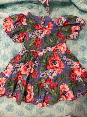 Janie and Jack Purple Floral Puff-Sleeve Dress with Pink and Red Blooms